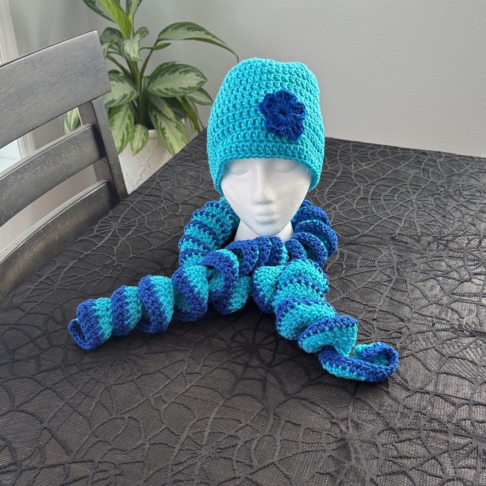 Handmade Blue and Teal Crochet Beanie Hat and Scarf Set